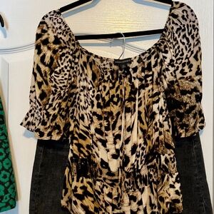 Banana Republic Leopard Print Blouse and Black Denim Skirt